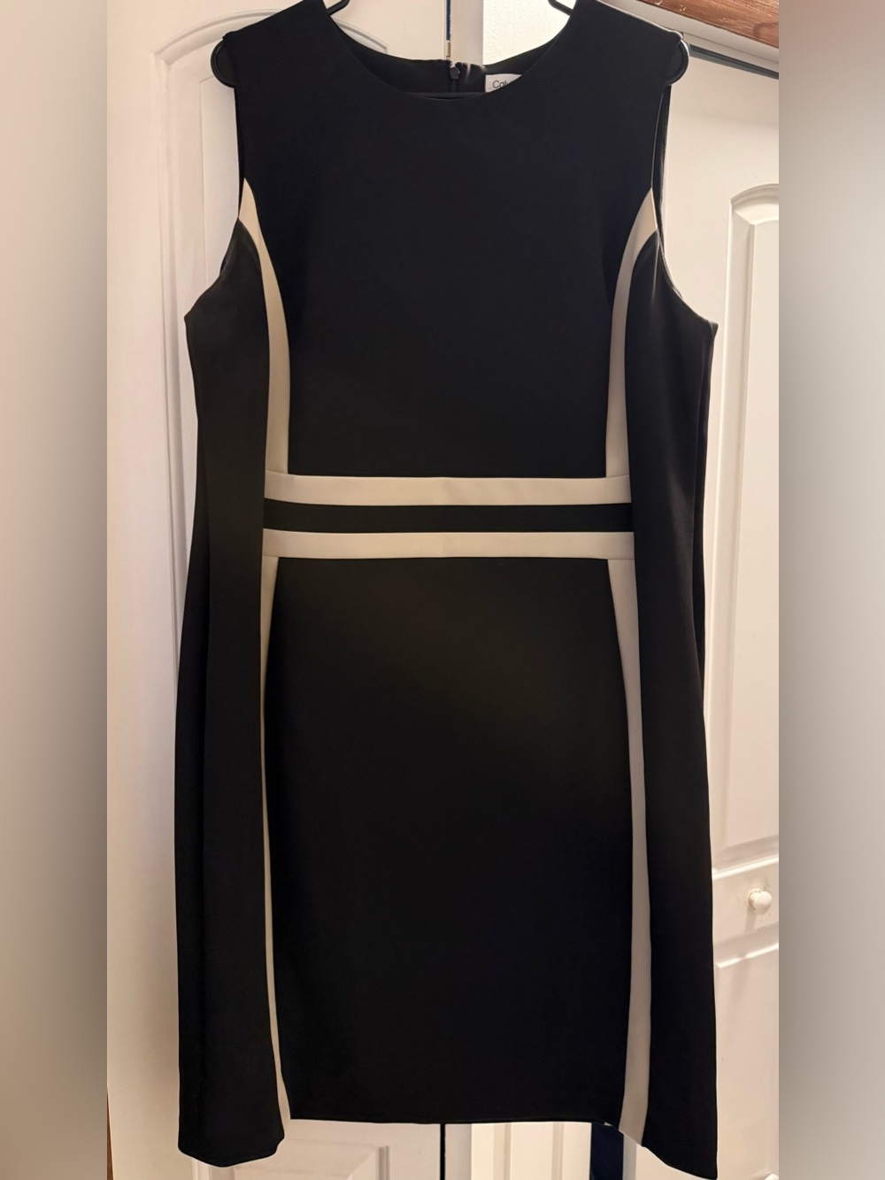 Calvin Klein Black and Cream Panel Sheath Midi Dress
